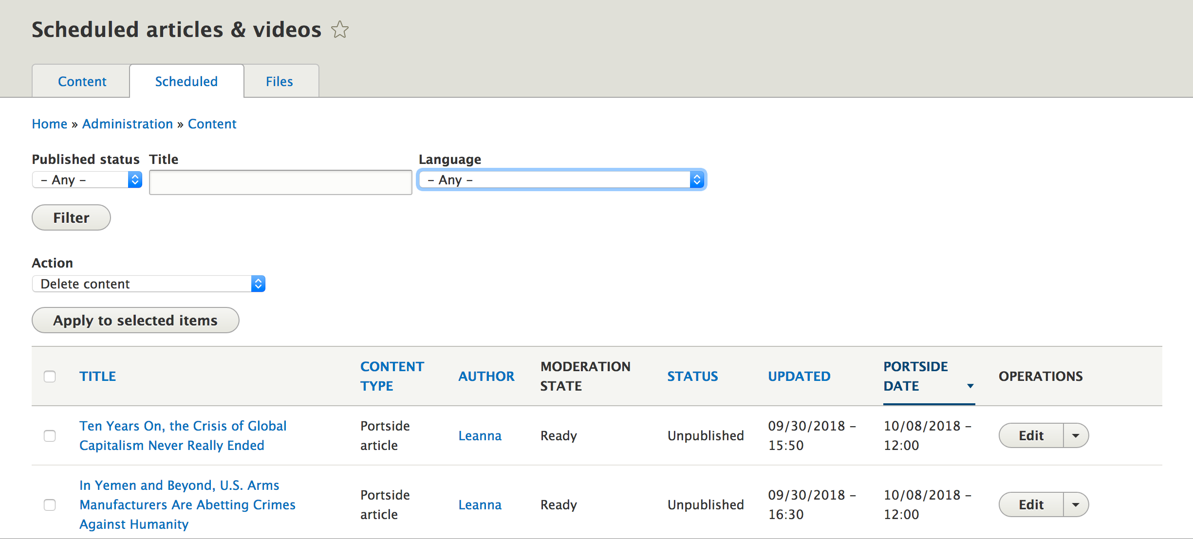 Screenshot of the scheduled content page
