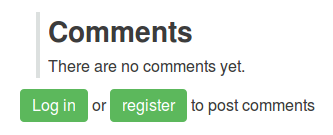 A comments section noting there are no comments yet, and providing two links, styled as buttons, in the sentence 'Log in or register to post comments'